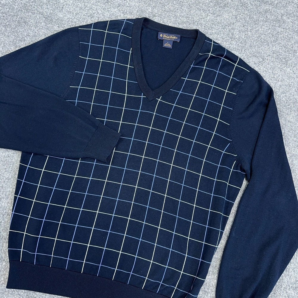 Brooks‎ Brothers Sweater Men Large Navy Windowpane Plaid V Neck Silk Cotton